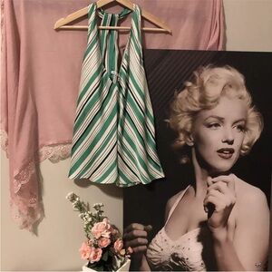 ZARA~Green And Black Striped Sleeveless Blouse L~polyester